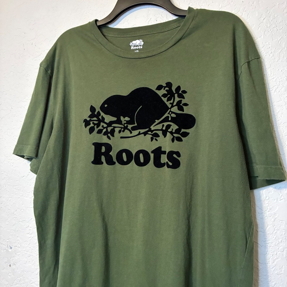 Roots Men's T-Shirt Olive Green Beaver Organic Cotton Graphic Casual Large Cozy